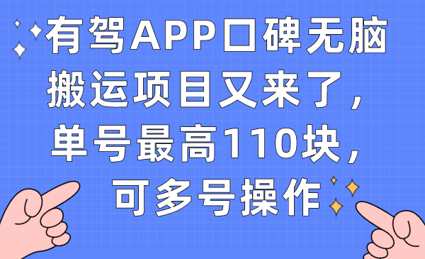 有驾APP口碑无脑搬运项目又来了，单号最高110块，可多号操作-智领未来创业网