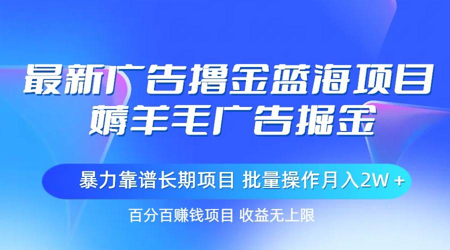 最新广告撸金蓝海项目，薅羊毛广告掘金 长期项目 批量操作月入2W＋-智领未来创业网