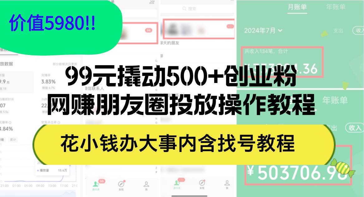 99元撬动500+创业粉，网赚朋友圈投放操作教程价值5980！花小钱办大事内…-智领未来创业网