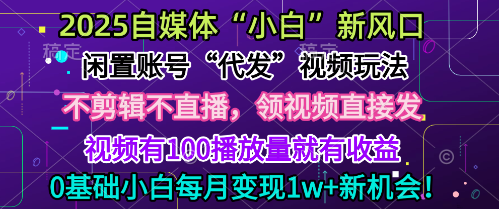 2025每月躺赚5w+新机会，闲置视频账号一键代发玩法，0粉不实名不剪辑，领了视频直接发，0基础小白也能日入300+-智领未来创业网